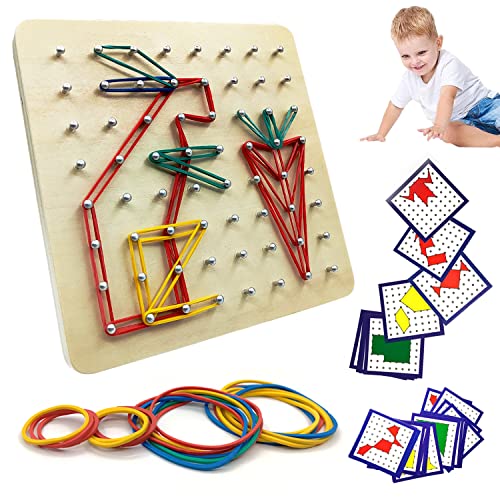 Goujfol Holz Geoboard Montessori Spielzeug Laubsäge Set für Kinder Geometriebrett Lernspiele Peg Board Form Puzzle mit Muster Karten und Gummi Bändern Knobel Kinderspiele ab 3+ Jahren von Goujfol