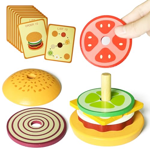 Holz Hamburger Kinder Stapelspielzeug, Kinderküche Zubehör Holz Burger Lebensmittel Koch Spielzeug Brot Holzstapel SpielküChe Rollenspiele Weihnachten Geschenk für Jungen Mädchen 3+ Jahre von Goujfol