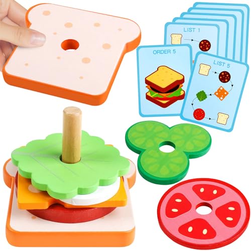 Holz Hamburger Sandwich Kinder Stapelspielzeug, Kinderküche Zubehör Holz Burger Lebensmittel Koch Spielzeug Brot Holzstapel SpielküChe Rollenspiele Geschenk für Jungen Mädchen 3+ (Sandwich) von Goujfol