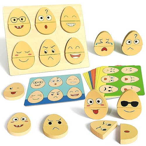 Holzpuzzle Emoji, Montessori Spielzeug Kinder Sensorik Spiele, Holz Steckpuzzle IQ Puzzle Ausdruck Interaktion Spiel, Face Change Cube Weihnachten Geschenk für Junge Mädchen 2+ von Goujfol
