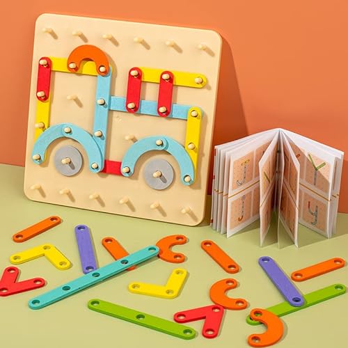 Holzpuzzle Montessori Spielzeug Holz Geoboard Geometriebrett Lernspiele Peg Board Kinder Spielen, Form Puzzle mit Muster Karten, Weihnachten Geschenk für Mädchen Jungen ab 3+ von Goujfol