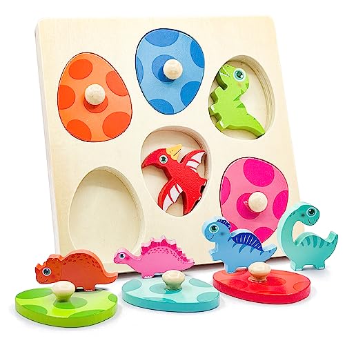 Holzpuzzle ab 1 Jahr, Montessori Spielzeug Dino Eier Holzspielzeug, Kinder Dinosaurier Jigsaw Greifpuzzle Motorikspielzeug Farbe Sortierspiel, Baby Ostern Geschenk Mädchen und Jungen Spielzeug von Goujfol