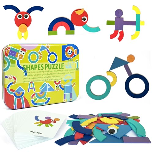 Holzpuzzle für Kinder, Montessori Spielzeug Kleinkinder Geometrische Formen Tier Puzzle, Lernspiele Tangram Kreativ Geschenk für Mädchen Junge 2 3 4 Jahre (Tier-2) von Goujfol