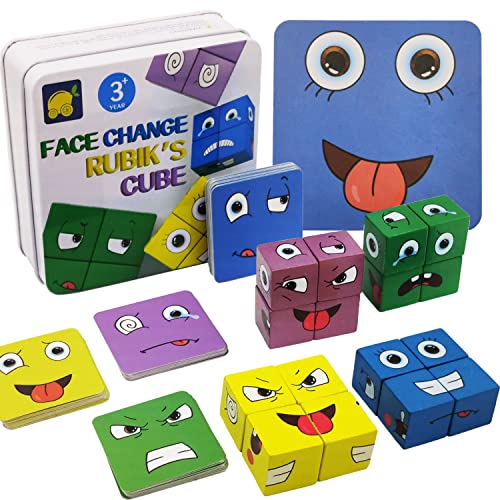 Ausdruck Holzwürfel Puzzle, Bunte Zauberwürfel Baustein Spielzeug Set Emoji Montessori IQ Puzzle Interaktion Spiel, Gesichtsveränderung Denktraining Hölzern Bauwürfel Cube Kinder über 3 Jahre alt von Goujfol
