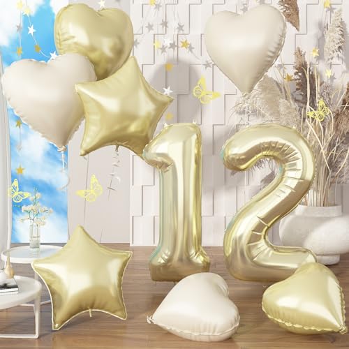 Champagner Gold Folienballon 12, Groß Zahlen 12 Ballon mit Creme Weiß Herz Stern Luftballon Geburtstagsdeko, 40'' Hell Gold 12. Geburtstag Ballon für Junge Jubiläum Party Dekoration, Fliegt mit Helium Champagner Gold Folienballon 12, Groß Zahlen 12 Ballon mit Creme Weiß Herz Stern Luftballon Geburtstagsdeko, 40'' Hell Gold 12. Geburtstag Ballon für Junge Jubiläum Party Dekoration, Fliegt mit Helium von Govpy