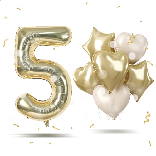 Champagner Gold Folienballon Zahl 5, XXL Hell Gold Zahlenballon 5 mit Creme Herz Stern Helium Luftballons für Mädchen 5 Jahre Geburtstagsdeko, 40'' Zahlen 5. Geburtstag Ballon für Jubiläum Party Deko Champagner Gold Folienballon Zahl 5, XXL Hell Gold Zahlenballon 5 mit Creme Herz Stern Helium Luftballons für Mädchen 5 Jahre Geburtstagsdeko, 40'' Zahlen 5. Geburtstag Ballon für Jubiläum Party Deko von Govpy