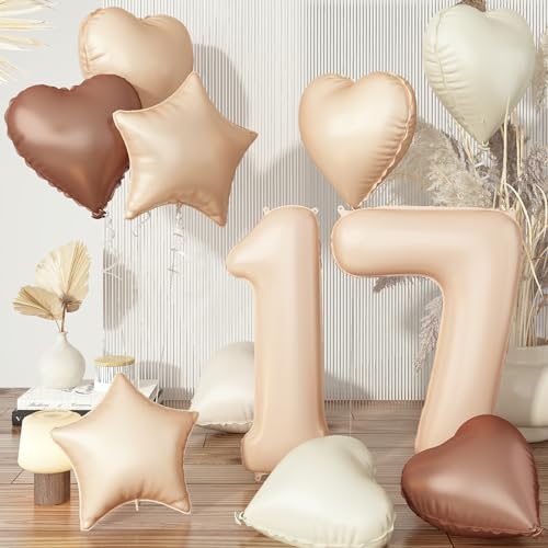 Folienballon 17. Geburtstag, Beige Zahl 17 Ballon Cremefarbene Hochzeit Deko, Nude Creme Braun Helium Stern Ballon Neutraler Herz Luftballons für Mädchen 17 Geburtstagsdeko Jubiläum Party Dekoration von Govpy