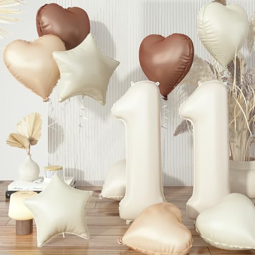 Luftballon 11. Geburtstag für Mädchen, Nude Creme Beige Helium Zahl 11 Folienballon Neutraler Stern Ballon Deko, Cremefarbene Braun Aprikose Kaffee Herz Ballon für Geburtstagsdeko Jubiläum Party Deko von Govpy