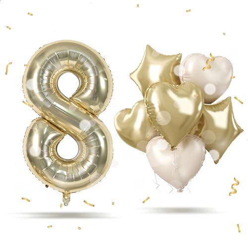 Luftballon 8. Geburtstag, Folienballon Zahl 8 Champagner Gold mit Creme Herz Ballon, 40" Hell Gold Zahlen 8 Jahre Geburtstagsdeko für Junge, Luftballon Zahl 8 Jubiläum Party Deko, Fliegt mit Helium Luftballon 8. Geburtstag, Folienballon Zahl 8 Champagner Gold mit Creme Herz Ballon, 40" Hell Gold Zahlen 8 Jahre Geburtstagsdeko für Junge, Luftballon Zahl 8 Jubiläum Party Deko, Fliegt mit Helium von Govpy