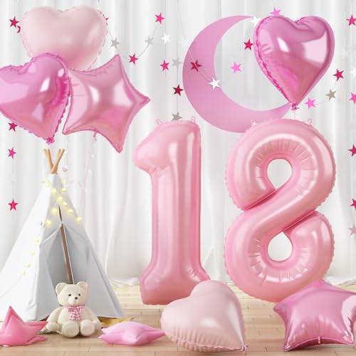 Pastell Rosa Geburtstag Zahlen Luftballon 18, Pink Folienballon Zahl 18 mit Herz Stern Ballon, 40'' Zahlenballon 18 Jahre Geburtstagsdeko für Frau 18. Geburtstag Jubiläum Party Deko, Fliegt mit Helium Pastell Rosa Geburtstag Zahlen Luftballon 18, Pink Folienballon Zahl 18 mit Herz Stern Ballon, 40'' Zahlenballon 18 Jahre Geburtstagsdeko für Frau 18. Geburtstag Jubiläum Party Deko, Fliegt mit Helium von Govpy
