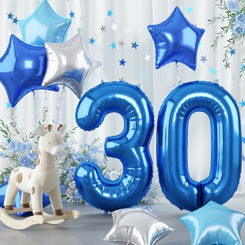 Riesen Dunkelblau 30 Luftballon für Herren, 40'' Pastell Blau Zahl 30 Luftballon Geburtstagdeko, Hellblau Silber Stern Zahlen 30 Folienballon für 30. Geburtstag Jubiläum Party Deko, Fliegt mit Helium von Govpy