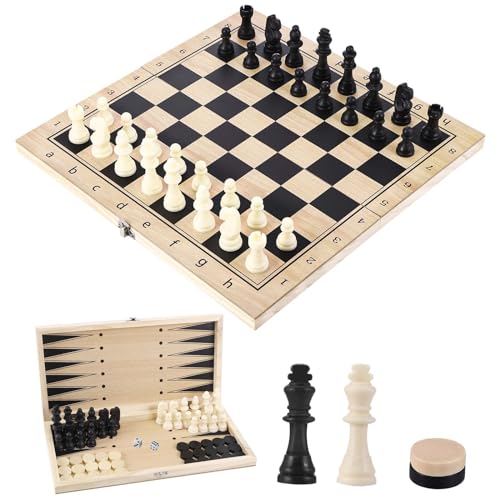 Schachspiel, 3 in 1 Schachbrett Holz Klappbare Hochwertig Schach Dame Backgammon, Tragbares Schachset für Kinder und Erwachsene Familie Party Reisen (29x29cm) von Gowkeey