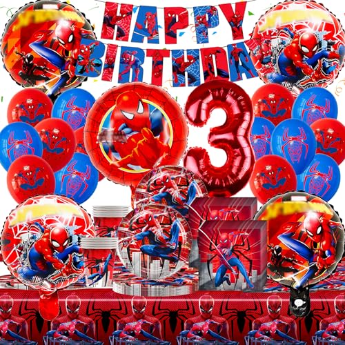 93 Stück Geburtstagsdeko Jungen 3 Jahre - Kindergeburtstag Dekoration Set mit Papptellern, Bechern, Servietten, Luftballons und Tischdecke für Themenpartys, für Geburtstagsfeiern von Gozuein
