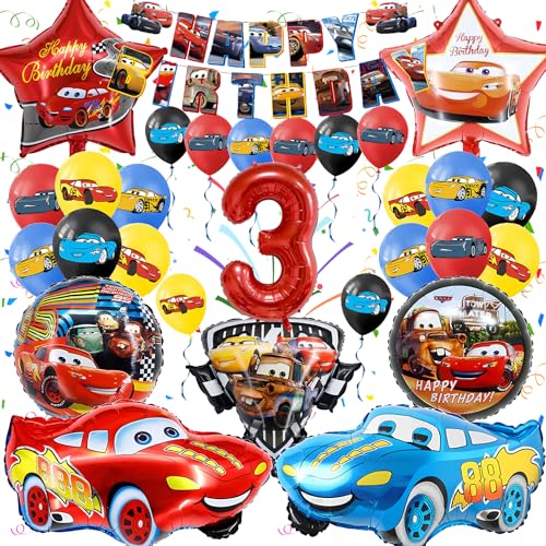 Cars Geburtstagsdeko Set 3 Jahre, 30 Stück Cars Party Dekoration Kindergeburtstag, Gozuein 3D Luftballons Cars Themen Deko Geburtstag, Ballon Girlanden Folienballon Geburtstag Banner Kit Jungen von Gozuein