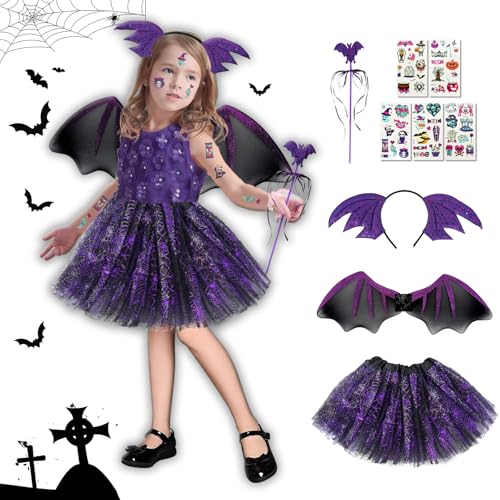 Fledermaus Kostüm Kinder Mädchen Halloween – 5 Stück Halloween Kostüm mit Leuchtend Tutu, Flügeln, Haarband, Zauberstab & Tattoos – Verkleidung für Mädchen 3–8 Jahre zu Karneval & Cosplay (Lila) von Gozuein