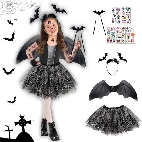 Fledermaus Kostüm Kinder Mädchen Halloween – 5 Stück Halloween Kostüm mit Leuchtend Tutu, Flügeln, Haarband, Zauberstab & Tattoos – Verkleidung für Mädchen 3–8 Jahre zu Karneval & Cosplay (Schwarz) von Gozuein