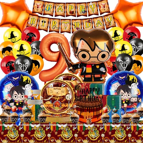 Gozuein 108 Stück Wizar Geburtstags Deko, Magischer Wizar Geburtstagsdeko Party 9 Jahre, H.P Partygeschirr Kindergeburtstag Partyteller Tassen Servietten Tischdecke Banner ect Theme Geburtstagsdeko von Gozuein