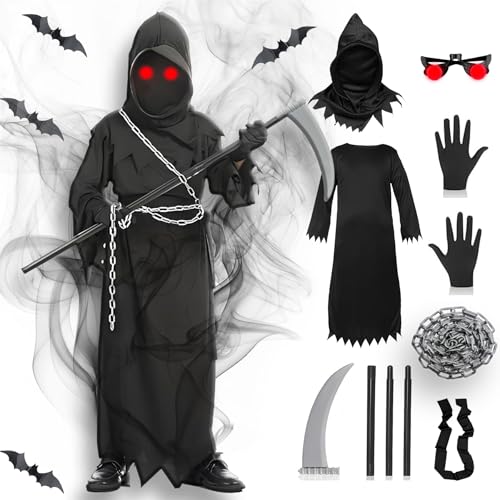 Gozuein Sensenmann Kostüm Kinder Halloween Grim Reaper – 5–12 Jahre Komplett-Set mit Robe, Kapuze, Kettengürtel, Handschuhen, Leuchtbrille & Spielzeug-Sense – Für Karneval, Cosplay, Motto-Party (S) von Gozuein