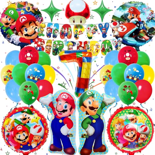 Super Mari Geburtstag Deko 7 Jahre, Gozuein 32 Stück Super Mari Dekoration Geburtstag Mädchen Junge, Mari Geburtstagsdeko Set, Mari Geburtstagsfeier Thema Dekoration mit Super Mari Luftballon Banner von Gozuein