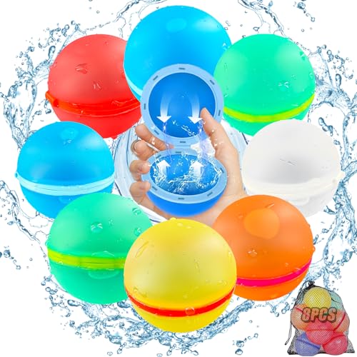 Wiederverwendbare Wasserbomben, 8 Stück mit Aufbewahrungstasche, Gozuein Schnellbefüllbare Silikon Wasserballons - Selbstschließend, ideal für Wasserschlachten und Familienaktivitäten im Freien von Gozuein