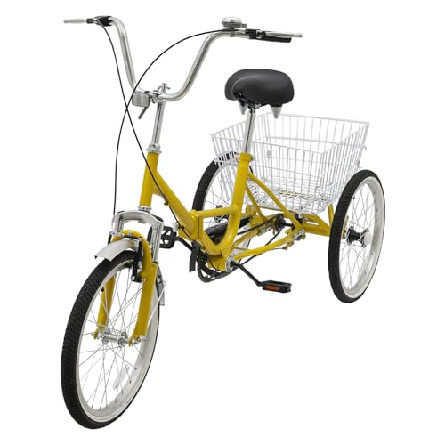 20 Zoll klappbares Dreirad, 3 Rad Erwachsene Fahrrad Gelb Single Speed DREI-Finger-Bremshebe Spring Cushion Tragfähigkeit 110kg Cruiser-Fahrrad mit Korb für Einkaufen Picknicks von Gqouur