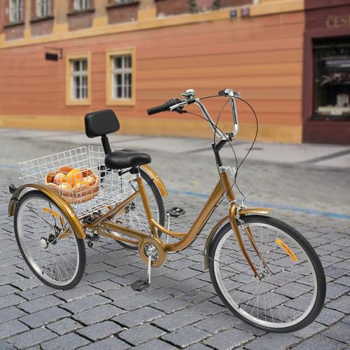 24 Zoll Dreirad für Erwachsene, 6 Gänge Dreirad mit Einkaufskorb und Rückenlehne 3 Rad Fahrrad für Erholung Einkaufen Picknicks (Gold) von Gqouur