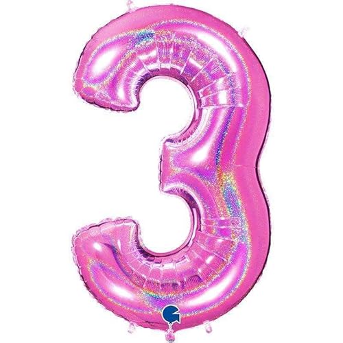 XXL Riesen Zahlen Folienballon 102 cm (40") holografisch 3D Effekt – Perfekte Deko für Geburtstage, Jubiläen & Feiern – Happy Birthday Party-Highlight - für Helium und Luft! (Fuchsia, 3) von Grabo