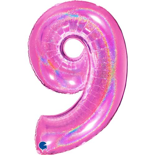 XXL Riesen Zahlen Folienballon 102 cm (40") holografisch 3D Effekt – Perfekte Deko für Geburtstage, Jubiläen & Feiern – Happy Birthday Party-Highlight - für Helium und Luft! (Fuchsia, 9) von Grabo