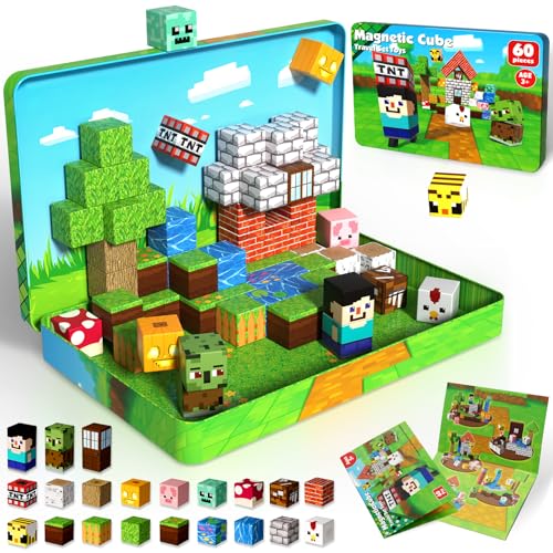 GraceDuck Magnetische Bausteine Reise Spielzeug 60 Teile im Tragbare Eisenbox Magnetbausteine Geeignet für ruhiges Spielen im Flugzeug und im Auto STEM Geschenk Montessori Reisespiele Kinder ab 4+ von GraceDuck