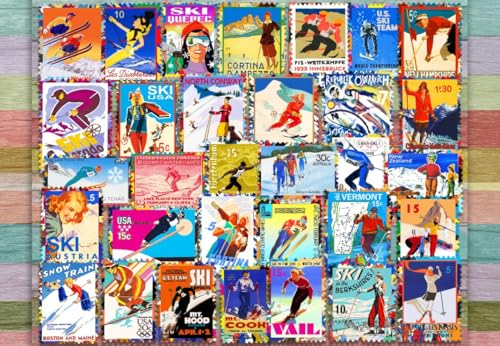 Grafika - Skistamposter – Puzzle 1000 Teile – Briefmarkensammlung zum Thema Wintersport – Puzzle für Erwachsene – hergestellt in Frankreich von Grafika