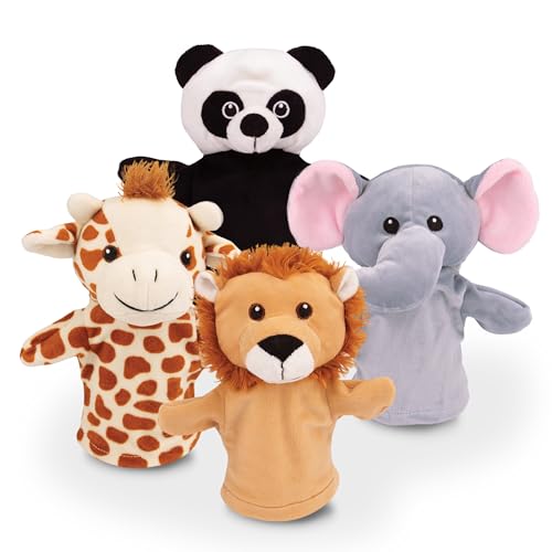 Grafix Tier Handpuppen für Kinder | Ihr eigenes Puppentheater in Einer Box! | Set mit 4 handspielpuppen | Panda, Löwe, Giraffe, Elefant | Plüsch Kuscheltiere von Grafix