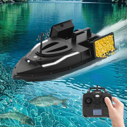 GramStudio Futterboot mit 2 Köder Bins unabhängig, Angelköder Boot 500m Fernbedienung mit LCD-Display, Futterboot Angeln mit LED Scheinwerfer, Doppelmotoren von GramStudio