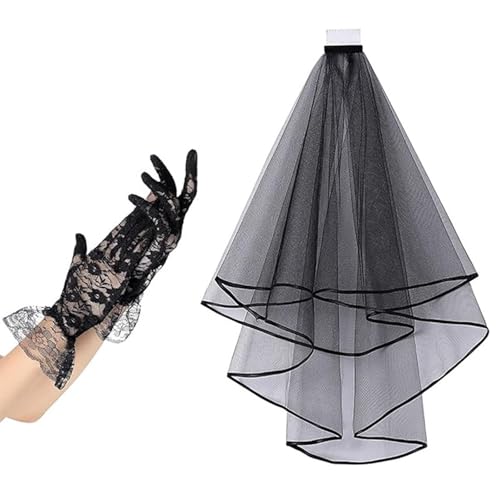 Gramigg Einzigartiges schwarzes Spitze-Kopfschmuck und Handschuhe, Cosplay-Kostüm-Zubehör für Halloween-Festlichkeiten und Themen-Events von Gramigg