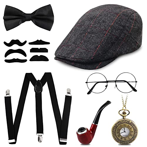 1920s Jahre Herren Accessoires, 20er Gangster Kostüm, Herren Accessoires Mafia Gatsby Kostüm Set, Panama Hut Elastisch Hosenträger Schnurrbart und Taschenuhr Zigarre von Grantop