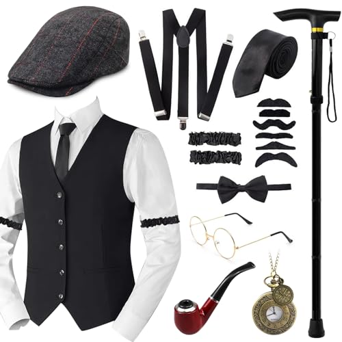 1920s Jahre Herren Accessoires, 20er Gangster Kostüm, Herren Accessoires Mafia Gatsby Kostüm Set, Weste Fedora Hut Schnurrbart für Mann Karneval Fasching Halloween Cosplay (Baskenmützen, M) von Grantop