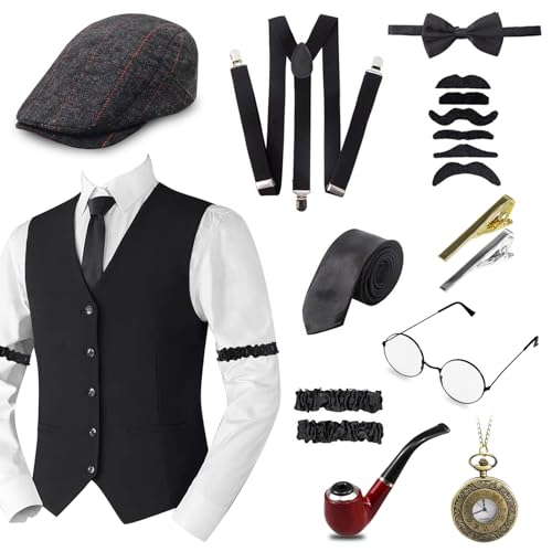 20er Jahre Herren Accessoires Set, Mafia Karneval Kostüm Herren, 1920 Kostüm Zubehör Set mit Panama Hut Verstellbarem Hosenträger Krawatte Brille Peaky Blinders Kostüm Gatsby Kostüm 20er Jahre Herren Accessoires Set, Mafia Karneval Kostüm Herren, 1920 Kostüm Zubehör Set mit Panama Hut Verstellbarem Hosenträger Krawatte Brille Peaky Blinders Kostüm Gatsby Kostüm von Grantop