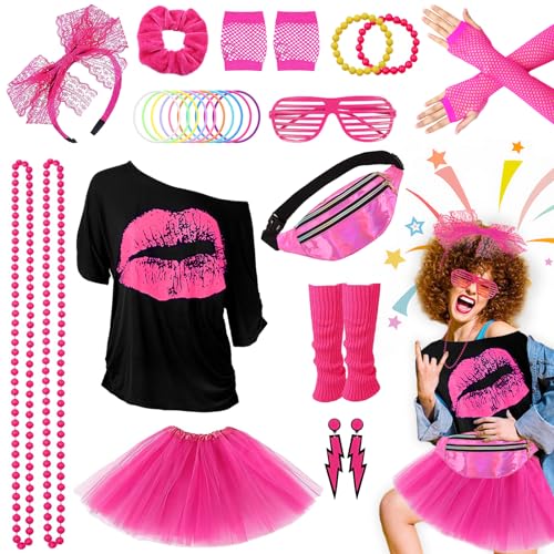 Grantop 28PCS 80er 90er Jahre Outfit Damen Set,80er Jahre Kleidung Kostüm,T-Shirt,Tutu,Bauchtasche,Ohrring,Netzhandschuhe,80er Retro Party Accessoires,kostüm 80er jahre damen Karneval Party Grantop 28PCS 80er 90er Jahre Outfit Damen Set,80er Jahre Kleidung Kostüm,T-Shirt,Tutu,Bauchtasche,Ohrring,Netzhandschuhe,80er Retro Party Accessoires,kostüm 80er jahre damen Karneval Party von Grantop