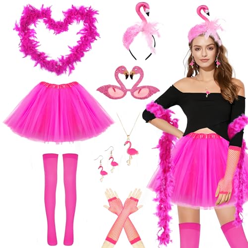Grantop 11PCS Flamingo Kostüm Damen Set-Flamingo Accessoires mit Flamingo Haarreif, Tutu Rock Damen, Federboa, Flamingo Gläser,Ohrringe, Halskette,Karneval Kostüm Daman für Flamingo Party Outfit von Grantop