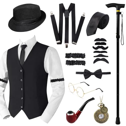 Grantop 1920s Jahre Herren Accessoires, 20er Jahre Herren Accessoires, Mafia Karneval Kostüm Gatsby Kostüm Set, Weste Fedora Hut Schnurrbart für Mann Karneval Fasching Halloween Cosplay(Schwarz, XL) Grantop 1920s Jahre Herren Accessoires, 20er Jahre Herren Accessoires, Mafia Karneval Kostüm Gatsby Kostüm Set, Weste Fedora Hut Schnurrbart für Mann Karneval Fasching Halloween Cosplay(Schwarz, XL) von Grantop