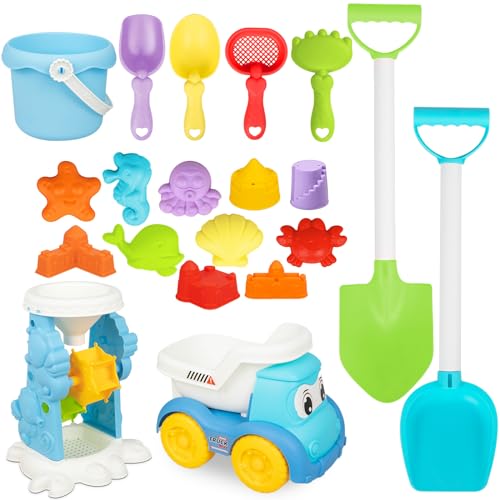 Grantop 20-Teiliges Strand Sandspielzeug Set,Bunte Strandspielzeug Kinder Enthält Strandeimer Spielzeugauto Sandform Sandschaufel,Burg Sandförmchen,Sandkasten Spielzeug für Mädchen und Junge ab 3 von Grantop