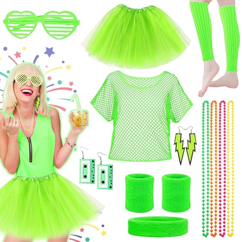 Grantop 80er 90er Jahre Outfit Damen Set, Kostüm Zubehör Set Accessoires Retro Set, Kostüm Zubehör Accessoires Set, Mesh-T-Shirt, Beinstulpen, Halskette, Ohrring, Brille für Karneval Party(Grün) Grantop 80er 90er Jahre Outfit Damen Set, Kostüm Zubehör Set Accessoires Retro Set, Kostüm Zubehör Accessoires Set, Mesh-T-Shirt, Beinstulpen, Halskette, Ohrring, Brille für Karneval Party(Grün) von Grantop