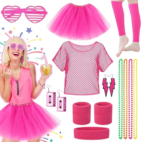 Grantop 80er Jahre Outfit Damen Set, 80er Jahre Outfit Damen Tutu, Beinwärmer, Armbänder, Halskette, Ohrring, Brille, 80er jahre Kostüm Zubehör Accessoires Set für Frauen Mädchen (Rosa, Erwachsene) Grantop 80er Jahre Outfit Damen Set, 80er Jahre Outfit Damen Tutu, Beinwärmer, Armbänder, Halskette, Ohrring, Brille, 80er jahre Kostüm Zubehör Accessoires Set für Frauen Mädchen (Rosa, Erwachsene) von Grantop