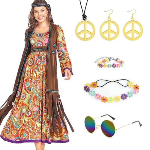 Grantop 9PCS 70er Jahre Bekleidung Damen Kleid Set，60er Jahre Kostüm Damen,Hippie Damen Kleid Set für Karneval Party,FaschingsKostüm kleid Karneval Cosplay Party (9, M) von Grantop