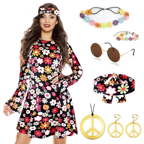Grantop Hippie Kostüm Damen Set, Damen Kleid und Hippie Accessoires, 70er-Hippie-Kleid-Kostüm für Damen, mit Halskette, Ohrringe, Sonnenbrille, Disco-Kostüm (Stil 1, L) von Grantop