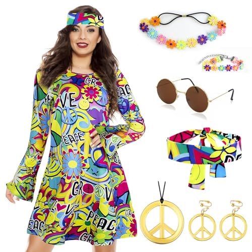 Grantop Hippie Kostüm Damen Set, Damen Kleid und Hippie Accessoires, 70er-Hippie-Kleid-Kostüm für Damen, mit Halskette, Ohrringe, Sonnenbrille, Disco-Kostüm (Stil 2, L) von Grantop
