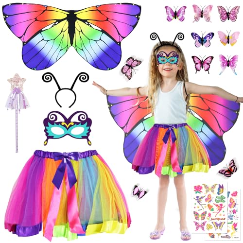 17-teiliges Schmetterling Kostüm Kinder,Schmetterlingskostüm mädchen,Faschingskostüm Mädchen mit Schmetterlingsflügel Maske Haarreif Gazerock Tattoos,Kostüm Schmetterling Kinder für Cosplay,Karneval von Grantop