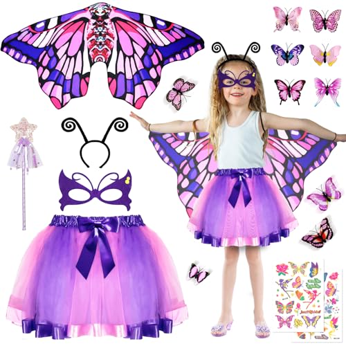 17-teiliges Schmetterling Kostüm Kinder,Schmetterlingskostüm mädchen,Faschingskostüm Mädchen mit Schmetterlingsflügel Maske Haarreif Gazerock Tattoos,Kostüm Schmetterling Kinder für Cosplay,Karneval von Grantop