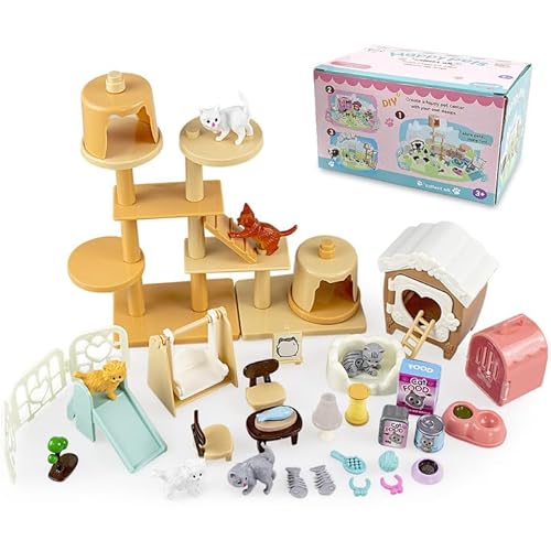 Grantop MMLY-s97 Katzenfiguren-Spielset, Spielzeug mit Futterplatte, Rutschspielzeug, Katzenhaus-Möbel, Puppenzubehör, Lernspielzeug, Geschenk, Kinder, Jungen, Mädchen, 3, 4, 5, 6 Jahre, 53 Stück von Grantop