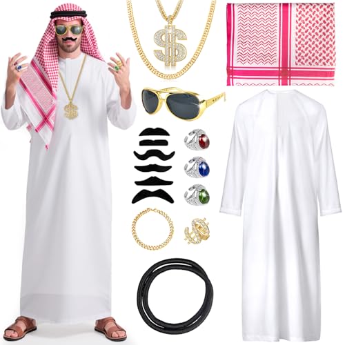 Kostüm Arab Erwachsene,Araber Kostüm,Arabisches Weißes Gewand mit Kopftuch,Scheich Kostüm Herren,Finger Ring, Halsketten,Sonnenbrille Faschingskostüm (16, XXL) von Grantop