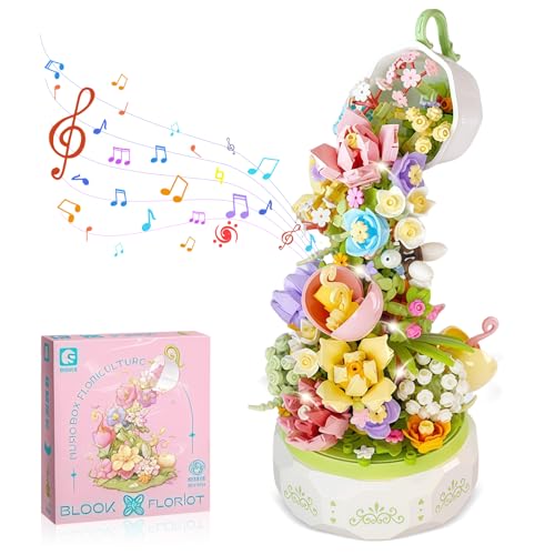 Granvoo 575 Teile Blumen Bausteine Rotierende Spieluhr Bausatz mit LED Licht, Blumenstrauß Musikbox Orchidee, Blumen Bausteine Set, Blumen Rotierender Spieluhr Kinder Erwachsene Geburtstagsgeschenk von Granvoo